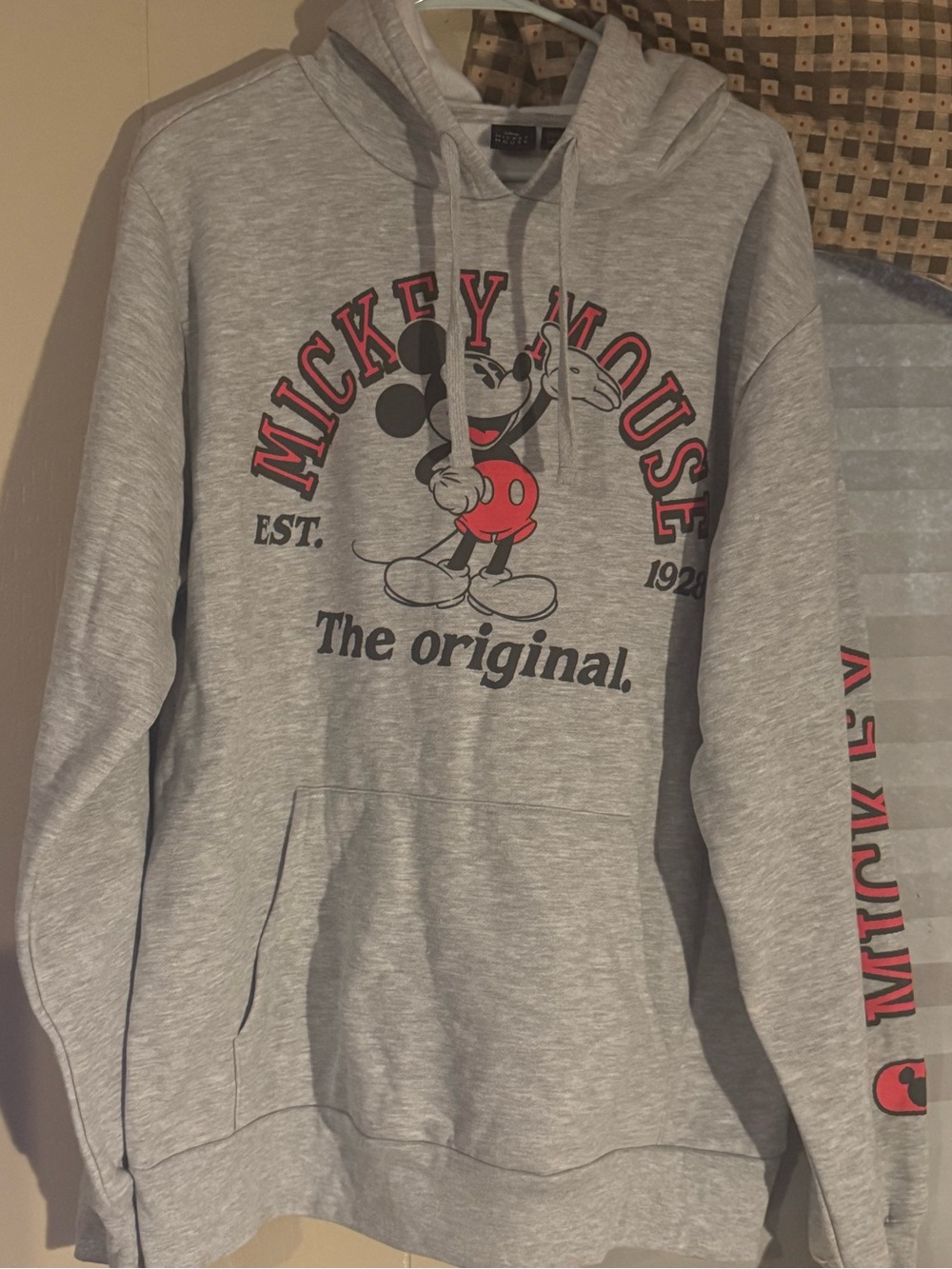 Disney Gray Mickey Mouse Graphic Hoodie with Red Detail